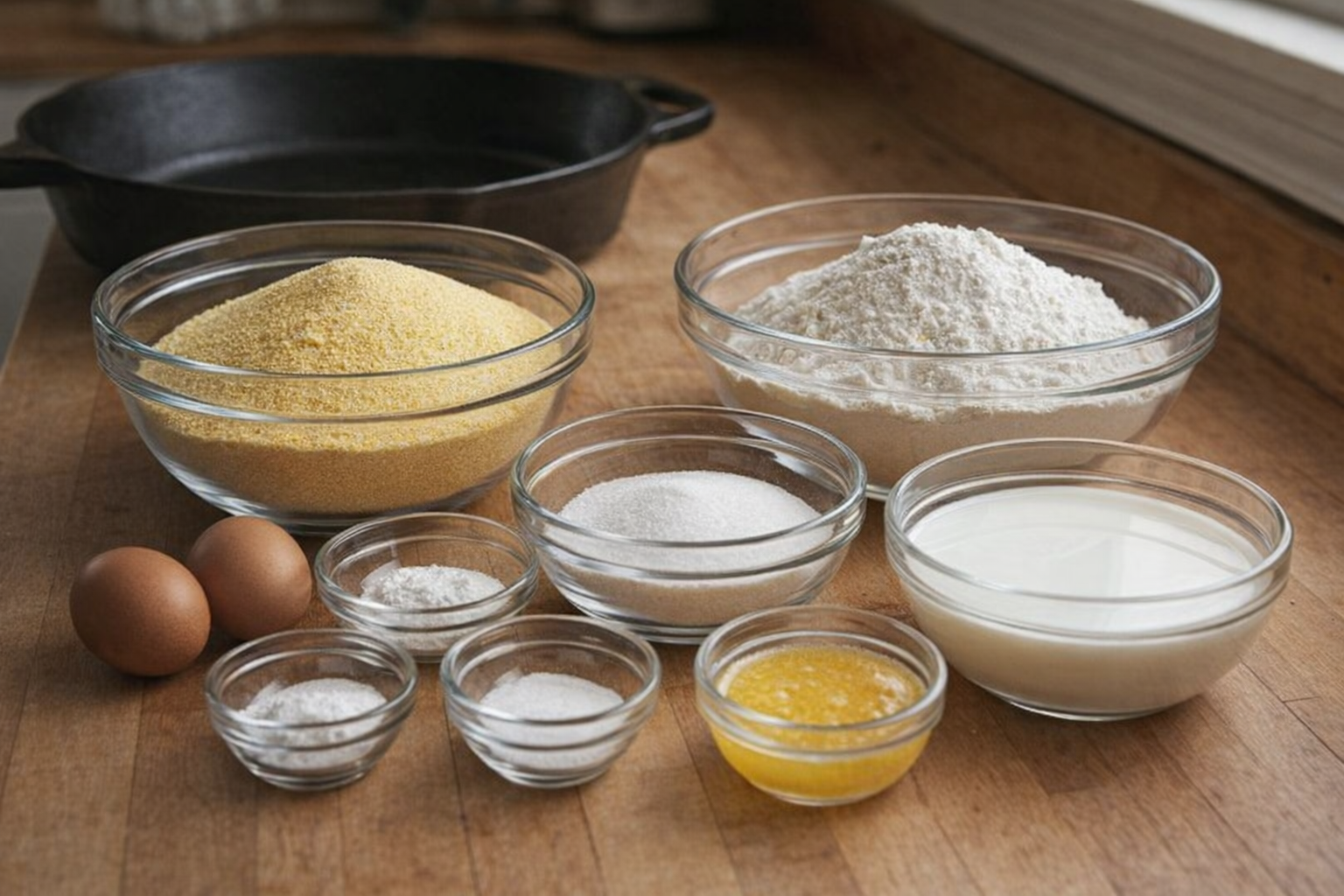 Ingredients for cornbread are measured out in glass bowls on a wooden countertop, with a cast iron skillet visible in the background